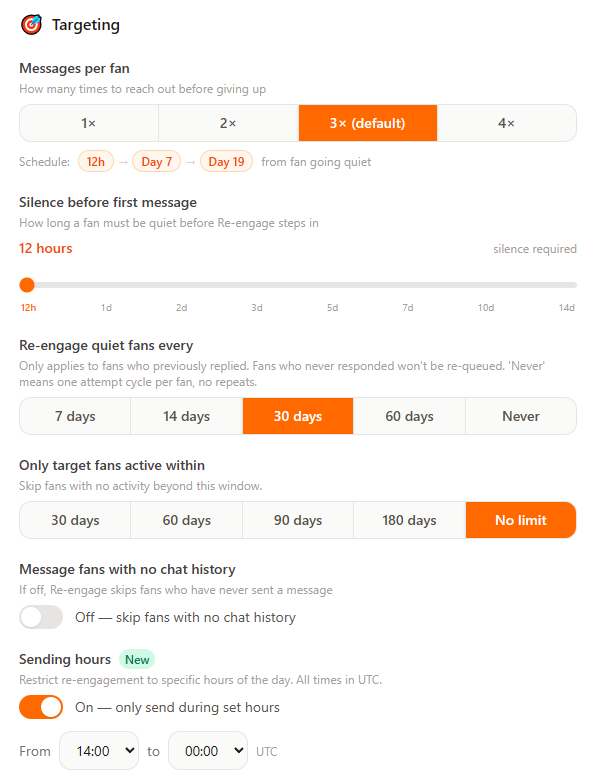 FanWake re-engagement targeting settings — real dashboard screenshot